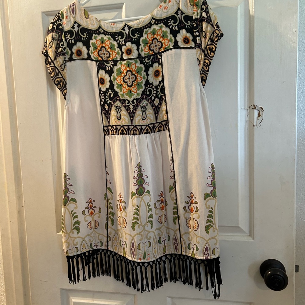 Anthropologie Cream Tunic Top with Black Fringe and Multicolor Floral Print - Picture 2 of 2